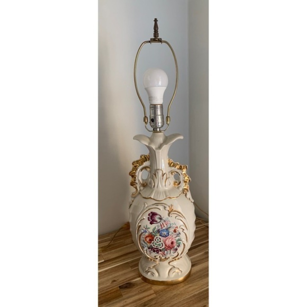 Vintage Floral Ceramic Table Lamp Gold Trim Retro Cottagecore Whimsigoth Rare
